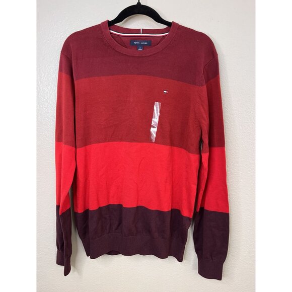 Tommy Hilfiger Mens Striped Crewneck Sweater Large New Red Maroon Long Sleeve - Picture 2 of 8
